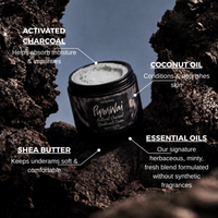 A jar of PeerWai Natural Charcoal Deodorizing Cream is displayed between dark textured rocks, surrounded by callout text overlays highlighting its ingredients: Activated Charcoal, Coconut Oil, Shea Butter, and Essential Oils.