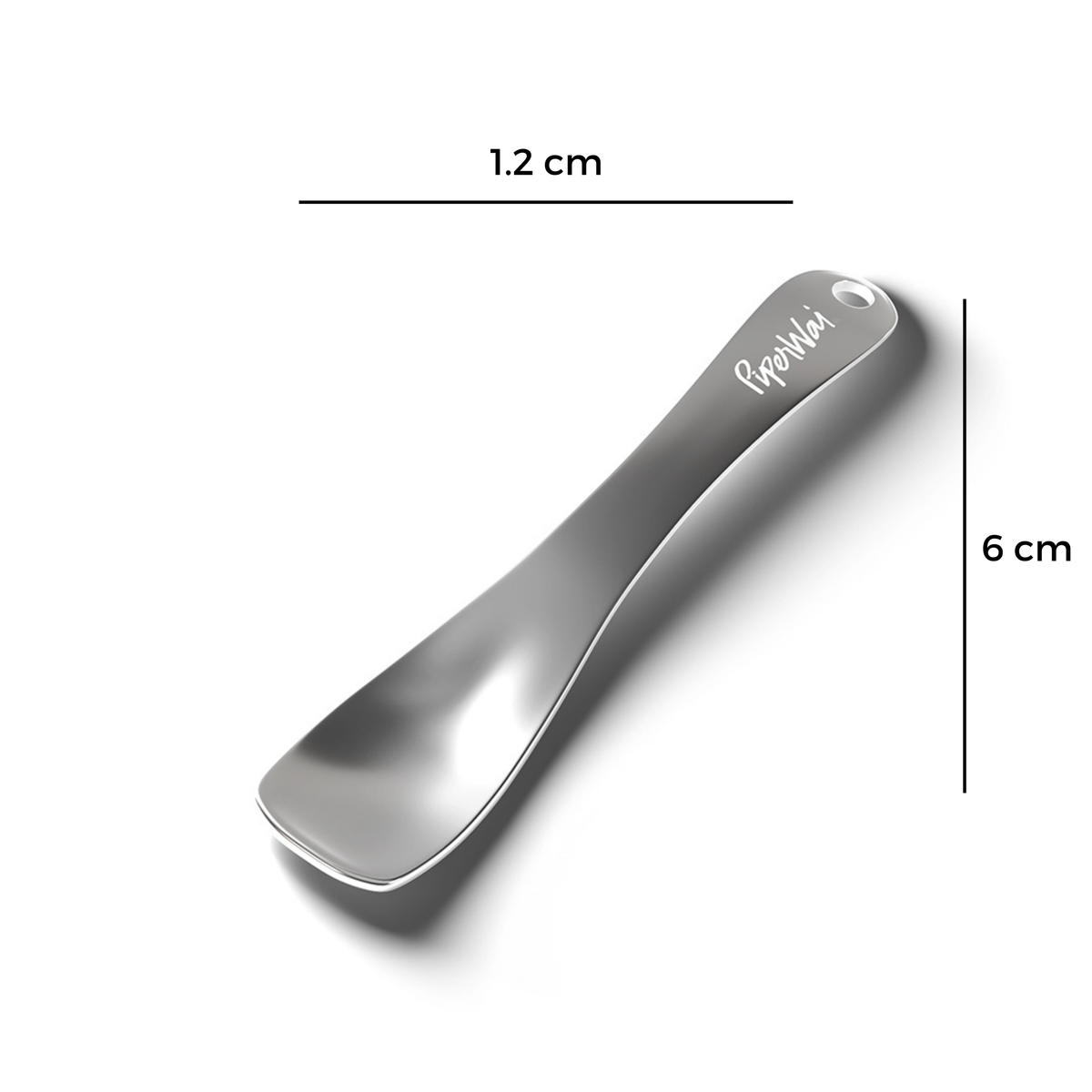 Metal cosmetic spoon with 'PiperWai' branding on a white background and dimensions. 