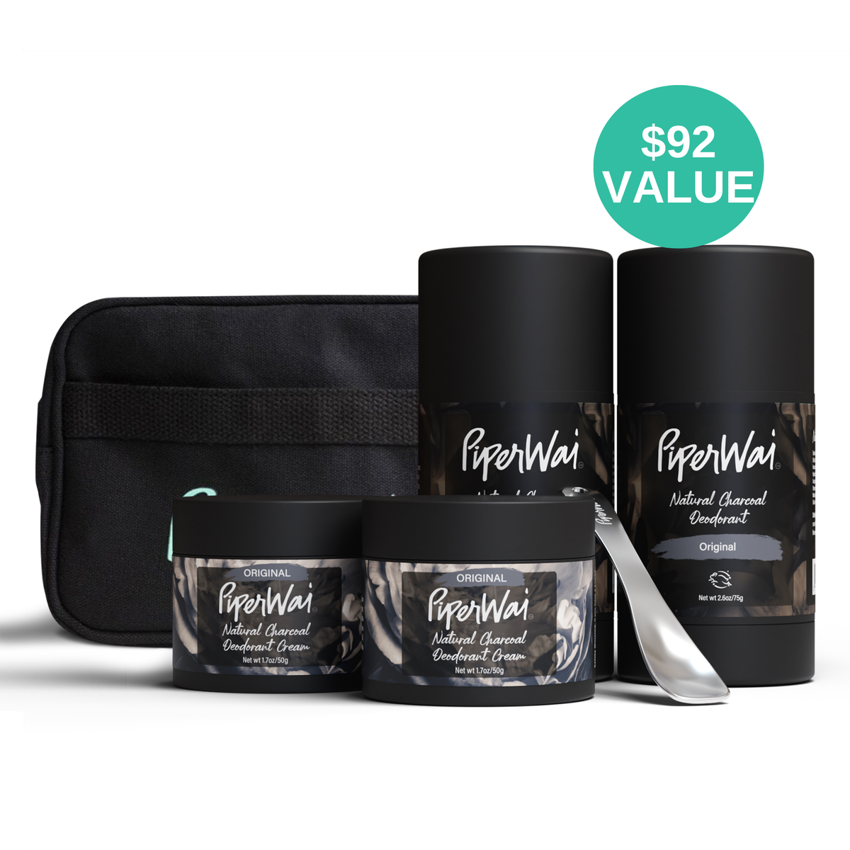 PiperWai deodorant and cream set with black pouch and metal cosmetic scoop on a white background