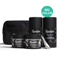 PiperWai deodorant and cream set with black pouch and metal cosmetic scoop on a white background