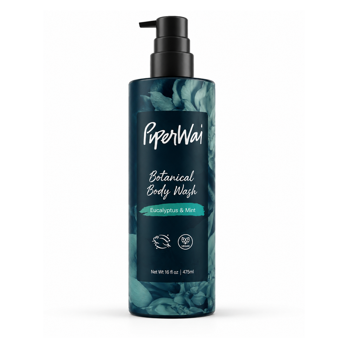 A bottle of PiperWai Botanical Body Wash with a black pump dispenser and a dark teal label featuring botanical patterns, set against a plain white background.