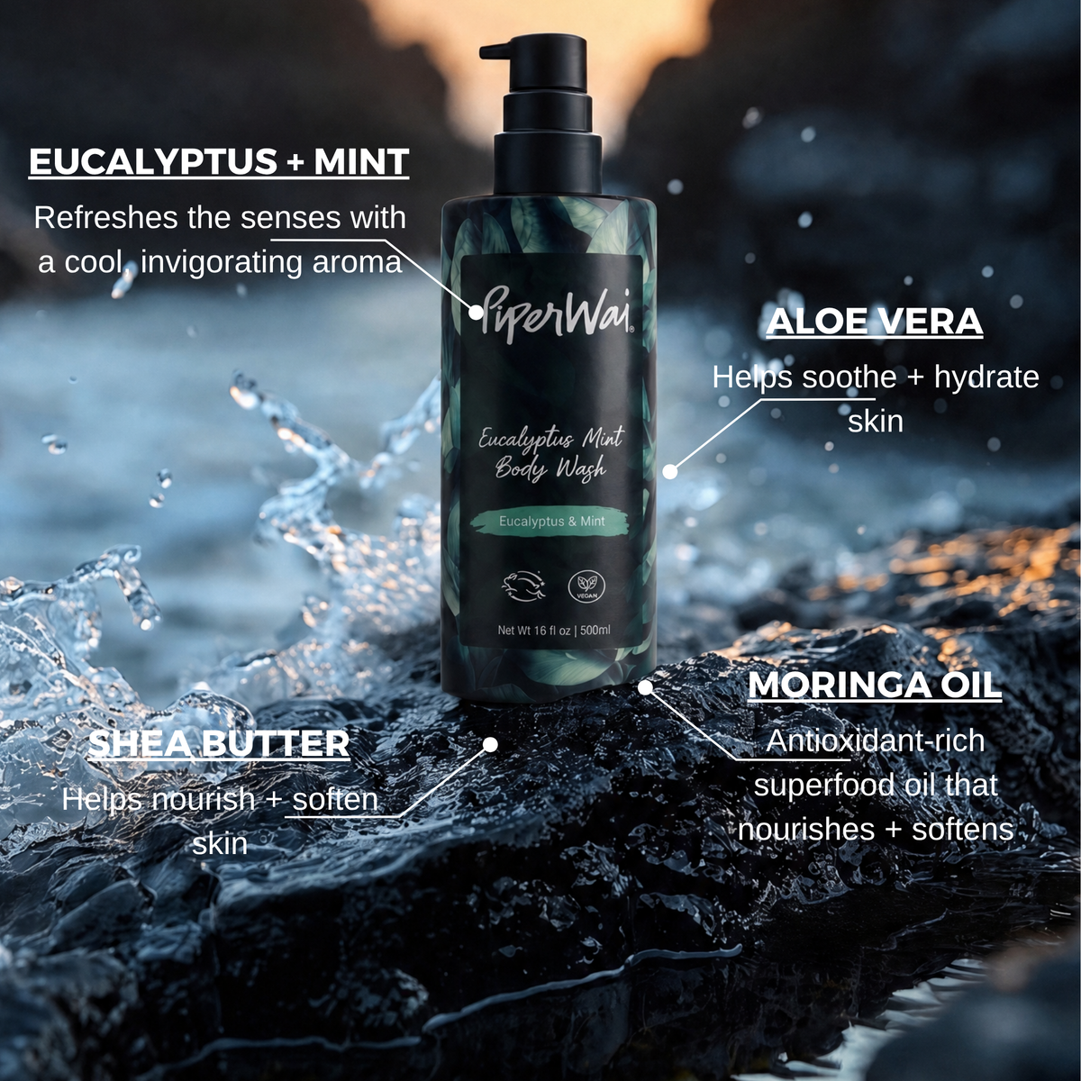 A bottle of HyperWax Eucalyptus + Mint Eucalyptus Hair Body Wash stands on dark wet rocks with water splashing around it. White text callouts describe ingredients: eucalyptus + mint, aloe vera, shea butter, and moringa oil.