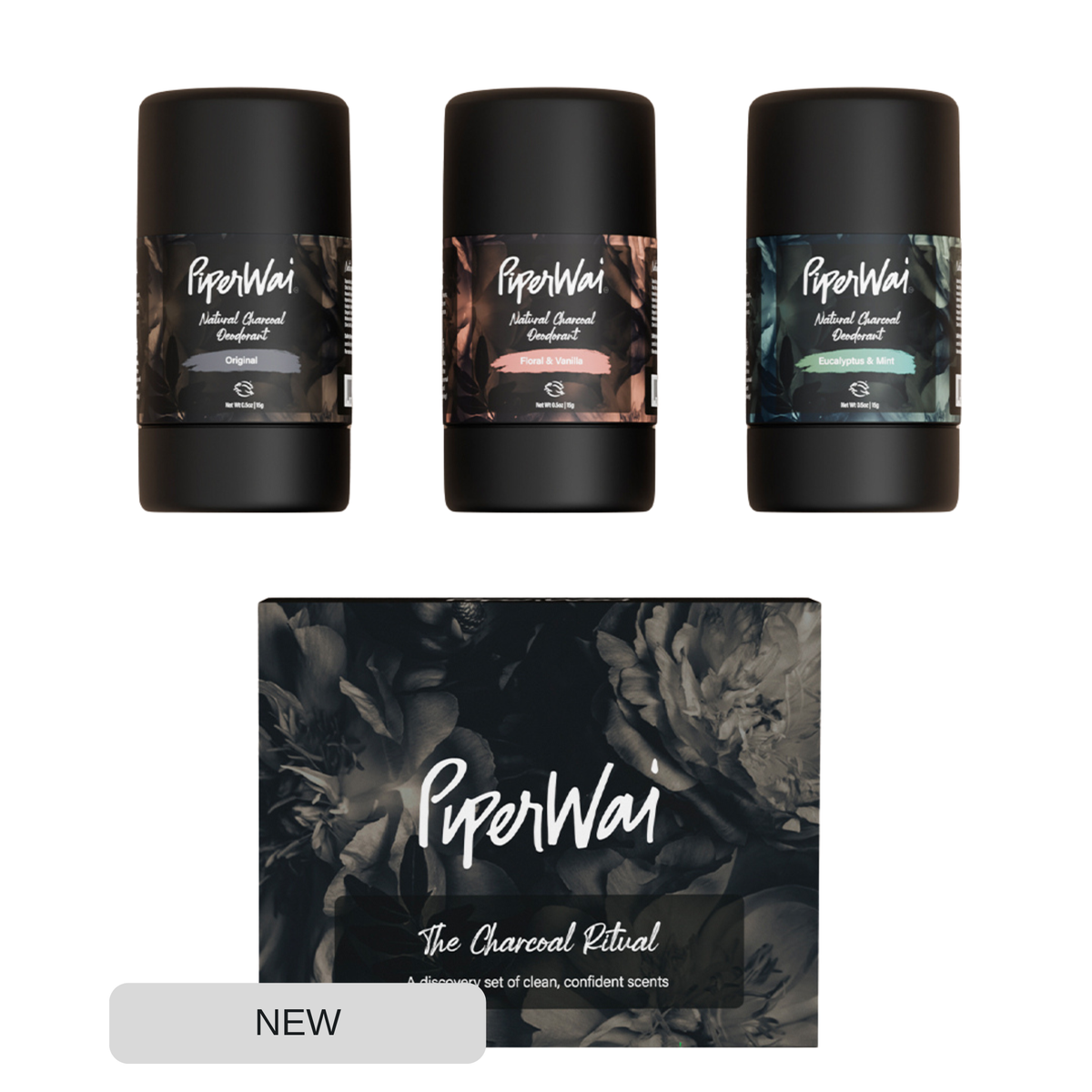 Three mini PiperWai deodorant sticks with a packaging box on a white background. 