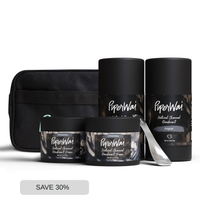 PiperWai deodorant and cream set with black pouch and metal cosmetic scoop on a white background