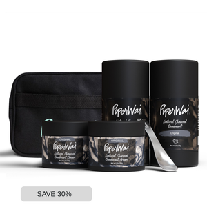 PiperWai deodorant and cream set with black pouch and metal cosmetic scoop on a white background