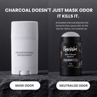 A comparison-style product graphic showing two deodorant containers on a dark stone surface against a dark gray background. On the left is a white stick labeled 'CONVENTIONAL DEODORANT' with the text 'MASK ODOR.